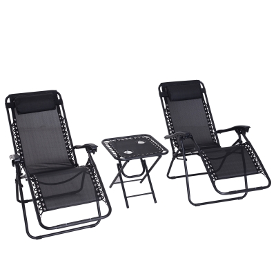 Outsunny Conjunto de 1 Mesa e 2 Espreguiçadeiras Conjunto de Exterior Dobrável e Portátil para Jardim Praia Relaxante com Encosto Reclinável Textilene Aço Preto