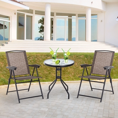 Outsunny Conjunto de Mesa e 2 Cadeiras  Cadeira Dobrável Encosto Reclináveis a 4 Níveis  Armação de Aço Marrom