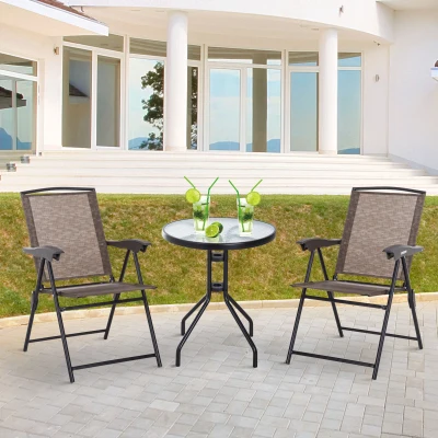 Outsunny Conjunto de Mesa e 2 Cadeiras  Cadeira Dobrável Encosto Reclináveis a 4 Níveis  Armação de Aço Marrom
