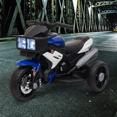 HOMCOM Motocicleta Elétrica Infantil com 3 Rodas para Crianças acima de 3 anos Triciclo com Pedal de Bateria 6V com Luzes Música Pneus Largos 86x42x52cm Azul