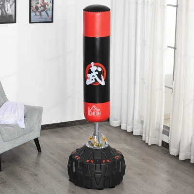 HOMCOM Saco de Boxe em Pé Saco de Boxe para Adultos com Grande Base Preenchível de Areia e Água Ø60x180 cm Preto e Vermelho