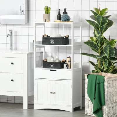 Kleankin Armário para Banheiro com 3 Prateleiras Gaveta e 2 Portas Móvel de Armazenamento para Cozinha, Sala de estar Dormitório 60x33x122,5cm Branco