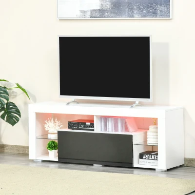 HOMCOM Móvel de TV para Sala de Estar com Iluminação LED 6 Modos de Cores Controle Remoto Gaveta e Prateleiras de Cristal Ajustáveis 140x35x52cm Preto e Branco Brilhante