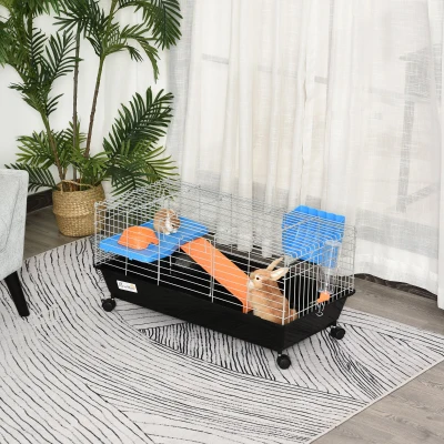 PawHut Gaiola para Roedores Pequenos com Rodas Habitat para Furões Porquinho da India com Comedouro Bebedouro Rampa 89x44x43cm Preto