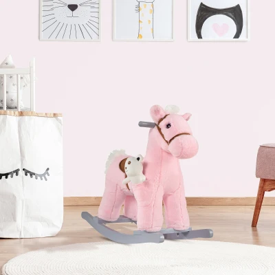 HOMCOM Cavalo Baloiço para Crianças de 18-36 Meses Cavalo de Balançar com Ursinho de Pelúcia Sons de Relinchos e Galopes base de Madeira 65x26x55cm Rosa