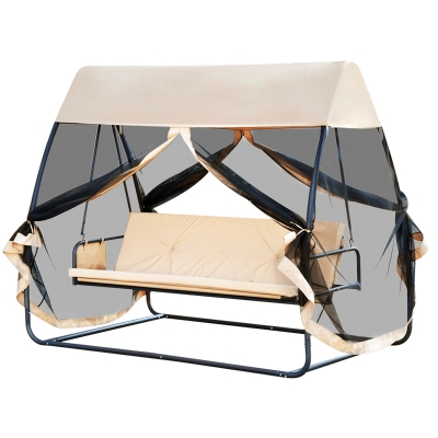 Outsunny Baloiço de Jardim de 3 Lugares Convertível em Cama com Rede Mosquiteira para Terraço Balcão Exterior Carga Máxima 300kg 240x140x197cm Creme