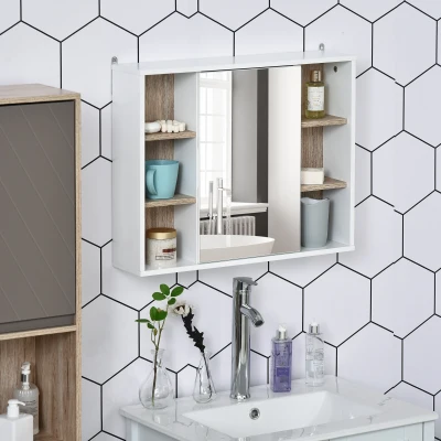 HOMCOM Armário de Espelho com Espaço Interno com Prateleiras Ajustáveis ​​Armário de Banheiro com Prateleiras Abertas 60x14,5x49,4 cm Branco e Carvalho