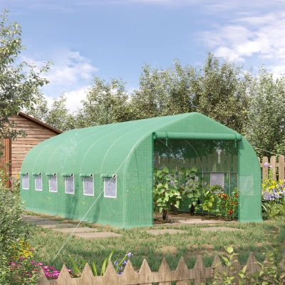 Outsunny Estufa Tipo Túnel 595x300x200cm Estufa de Jardim Grande com 12 Janelas e Porta Enrolável com Zíper para Cultivo de Plantas Verde