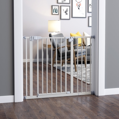 PawHut Barreira de Segurança para Animais de Estimação Cães com Extensão de 17,5 cm Sistema de Fechamento Automático 74-97,5x76,2 cm Branco