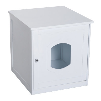 PawHut Casa para Gatos com Desenho 2 em 1 Casa para Animais de Estimação e Caixa de Areia com Porta com Fechadura Magnética 51x48x51cm Branco