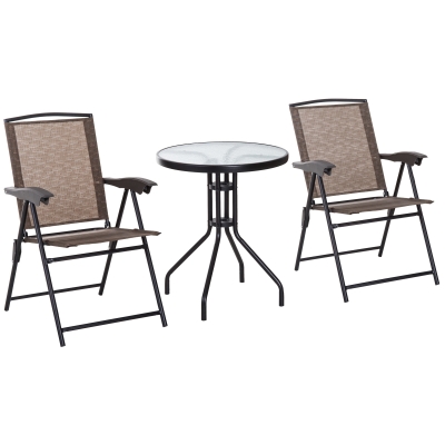 Outsunny Conjunto de Mesa e 2 Cadeiras Cadeira Dobrável Encosto Reclináveis a 4 Níveis Armação de Aço Marrom
