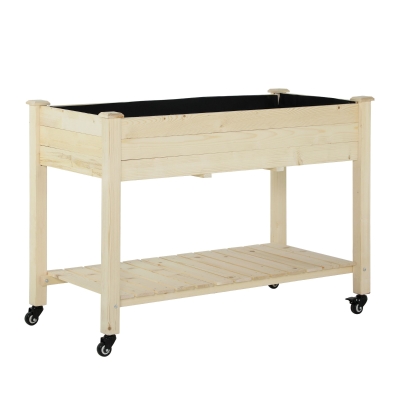 Outsunny Horta Vertical Mesa de Cultivo Elevada com Prateleira Tecido Geotextil Rodas com Freios Portátil para Jardim Terraço 118x55x83cm Madeira Natural