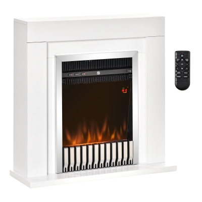 HOMCOM Lareira Elétrica Potência 1000/2000W com Chama Realista Termostato Controle Remoto Temporizador e Proteção de Superaquecimento para 20-25m² 79x26x77,5cm Branco