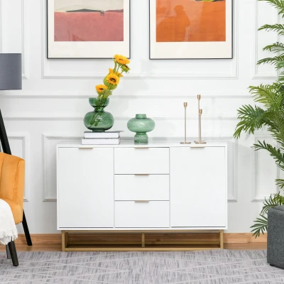 HOMCOM Aparador Auxiliar Armário de Armazenamento com 3 Gavetas e 2 Armários com Prateleira Ajustável 120x40x76 cm Branco