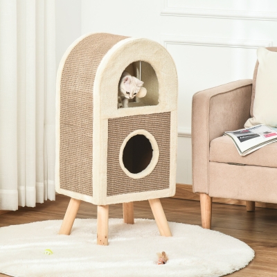 PawHut Árvore Arranhador para Gatos de 2 Níveis com Caverna de Sisal Natural e Pelúcia Teto Arqueado Bola de Brincar e 4 Pés Elevados de Madeira 40x34x91cm Bege e Marrom Claro