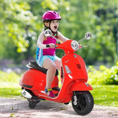 HOMCOM Mota Elétrica para Crianças com Licença Vespa com Música Velocidade 2-3 km/h e Buzina 102x50,5x75,5 cm Vermelha