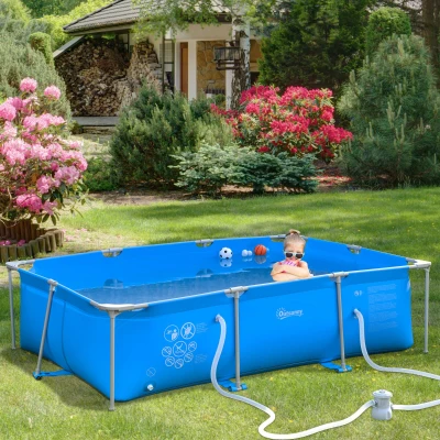 Outsunny Piscina Desmontável Tubular 252x152x65cm com Depuradora de Cartucho Piscina Retangular de Exterior para Adultos e Crianças 2.163L Azul