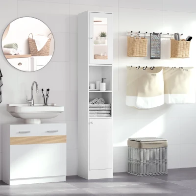 Kleankin Coluna Casa de Banho com Espelho Móvel Alto Casa de Banho Madeira com 2 Prateleiras Abertas e 2 Portas com Prateleiras Interiores Ajustáveis 30x28x180cm Branco