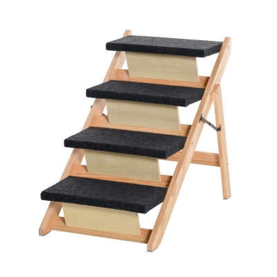 PawHut Escada de Madeira para Cães Dobrável 2 em 1 Rampa para Animais de Estimação Portátil com 4 Degraus para Acesso ao Sofá e Cama Alta 80x47x64cm Madeira Natural e Preto