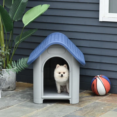 PawHut Casa para cães pequenos com respiradouros resistente para uso interno e externo 59x75x66 cm Azul e cinza