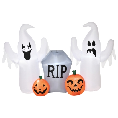 HOMCOM Fantasmas Infláveis de Halloween com Luzes LED Decoração Inflável com Abóbora e Lápida para Interior Exterior 182x57x122cm Multicor