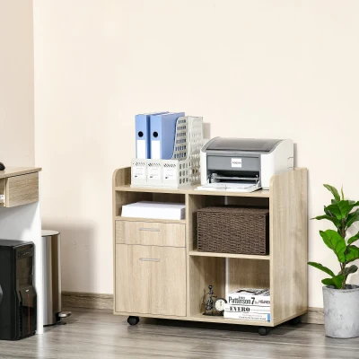 Vinsetto Armário para Impressora Armário Multifuncional de Escritório com 3 Compartimentos 2 Gavetas para Arquivos Prateleira Ajustável 2 Rodas com Freios 80x40x72cm Carvalho