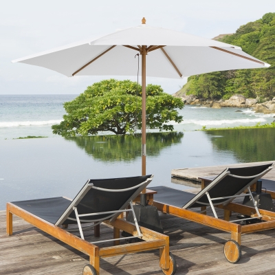 Outsunny Chapéu de Sol Ø250x230cm Chapéu de Sol com Mastro de Madeira com 6 Hastes Sistema de Polia com Fixação para Jardim Pátio Terraço Branco Marfim