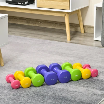 HOMCOM Jogo de 8 Halteres Hexagonais 4 Pares 4kg 3kg 2kg 1kg com Revestimento Pesos para Exercícios em Casa Academia Aço Multicolor
