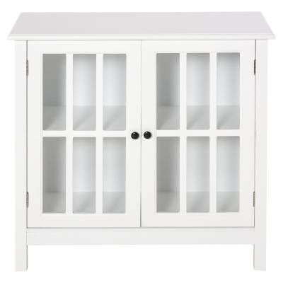 HOMCOM Aparador de cozinha Armário de armazenamento com 2 portas de vidro Dispositivo anti-derrapante Sala de jantar 80x36,5x76 cm Branco