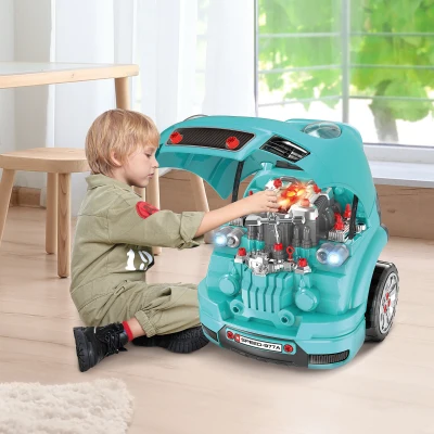 HOMCOM Motor de Caminhão para Crianças acima de 3 Anos Conjunto de Motor de Brinquedo com 61 Peças Volante Buzina Faróis Caixa de Armazenamento e Rodas 40x39x47cm Turquesa