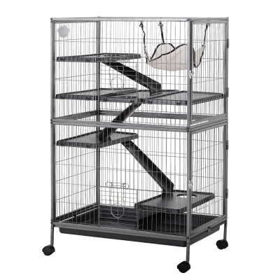 PawHut Gaiola grande para Roedores 80x52x128 cm Casa de 4 Alturas com Rampas Suspensa Rede Bandeja Removível Rodas Portas Cinza Prateado