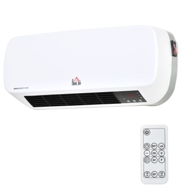 HOMCOM Aquecedor Cerâmico de Parede 1000W/2000W com Controle Remoto 3 Modos de Aquecimento Temporizador de 12h Termostato e Proteção contra Superaquecimento 45x18,6x11,5cm Branco