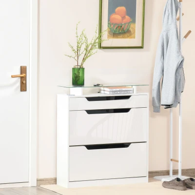 HOMCOM Móvel Sapateira de 2 Portas Sapateira Estreito para 16 Pares de Sapatos com Gaveta Prateleira Aberta e Bancada de Vidro para Corredor Entrada 89x23x96cm Branco