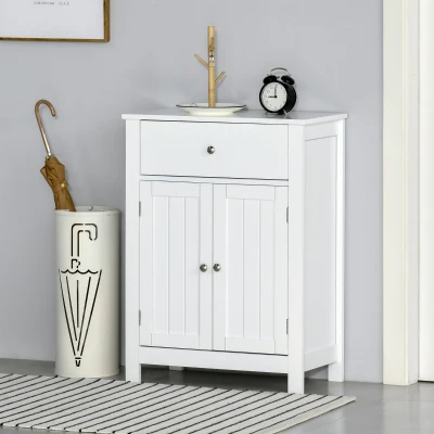 Kleankin Armário de Casa de Banho com 1 Gaveta e Prateleira Interior Ajustável Móvel Auxiliar de Armazenamento Multifuncional para Sala de Estar Cozinha 60x30x80cm Branco