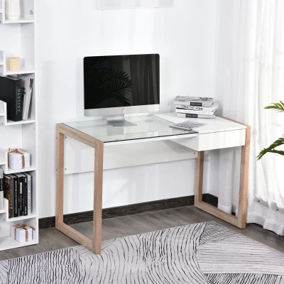 HOMCOM Mesa de computador  Com tampo de vidro temperado e gaveta 120x60x75 cm Branco