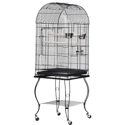 PawHut Gaiola para Pássaros com Suporte e Rodas Gaiola Grande de Metal com Bandeja Removível e 2 Tigelas para Papagaios Piriquito 53x53x153cm Preto