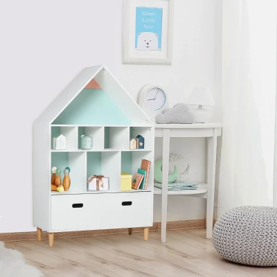 HOMCOM Estante de Madeira Infantil em Forma de Casa Estante para Crianças com 8 Compartimentos Abertos e Gaveta de 2 Cores 82x30x126cm Branco