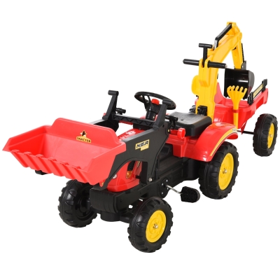 HOMCOM Trator de pedais para crianças acima de 3 anos com reboque e pá frontal 179x42x59 cm Vermelho