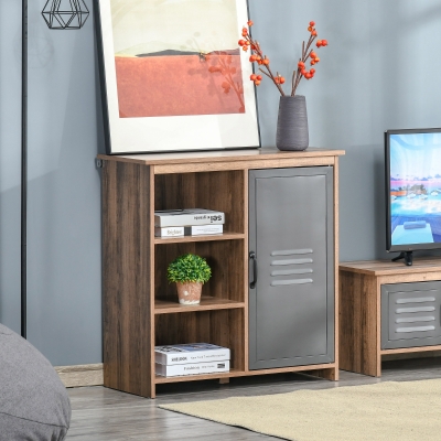 HOMCOM Aparador com Porta de Metal Móvel Auxiliar com 3 Prateleiras Abertas e Armário com Porta e Prateleira Ajustável 80x35x82cm Madeira Natural