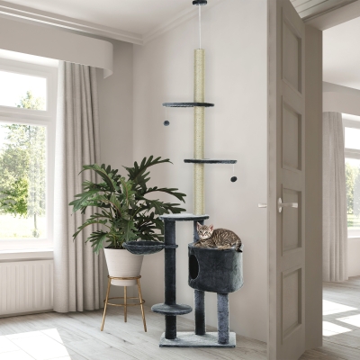 PawHut Árvore para arranhar para gatos 220-245 cm Altura Ajustável ao Teto com Plataformas Cinza Escuro