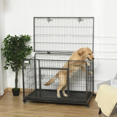 PawHut Gaiola dobrável de metal com rodas e freios Bandeja  removível e porta com travas125x76x81 cm Cinza escuro