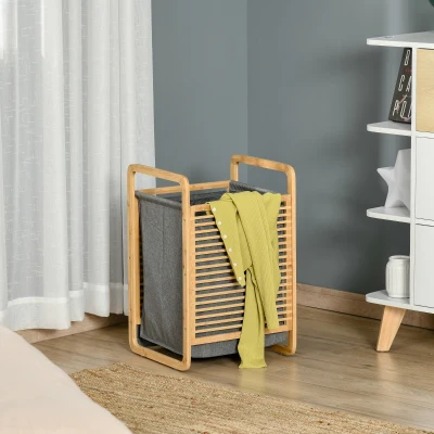 HOMCOM Cesto de Roupa de Bambú Portátil com Tampa e Bolsa Removível Móvel de Casa de Banho 40x35,5x60,5cm Cor Natural e Cinza