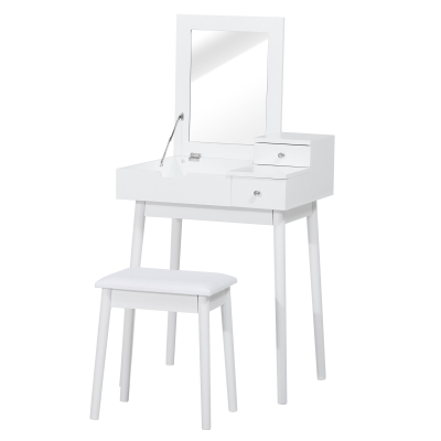 Homcom Coiffeuse table de maquillage avec tabouret miroir rabattable coffre + 2 tiroirs MDF bois massif pin blanc