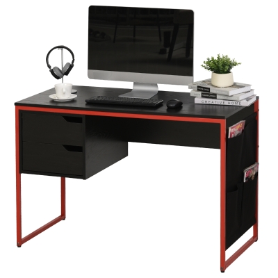 Bureau gaming 2 tiroirs 4 poches latérales métal rouge panneaux noir