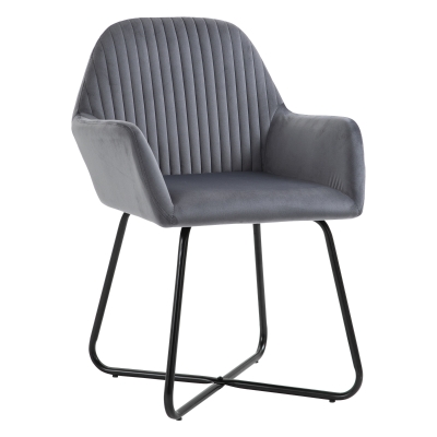 Chaise design néo-rétro dossier strié piètement croisé métal noir velours gris