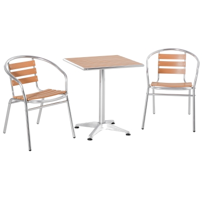 Ensemble bistro de jardin 3 pièces style néo-rétro alu. composite aspect bois