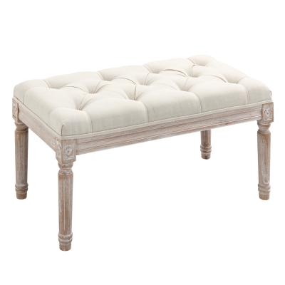 HOMCOM Tabouret repose-pied capitonné style classique - bois d'hévéa sculpté, patiné - revêtement aspect lin beige