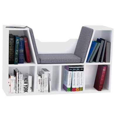 Homcom Bibliothèque banc 2 en 1 design contemporain 6 casiers 3 coussins fournis 102L x 30l x 61H cm blanc gris chiné