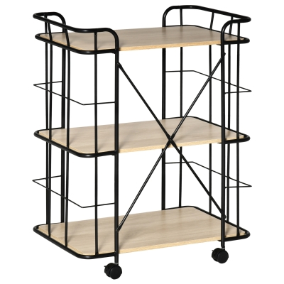 Desserte Vintage style industriel 3 étagères métal noir aspect chêne clair