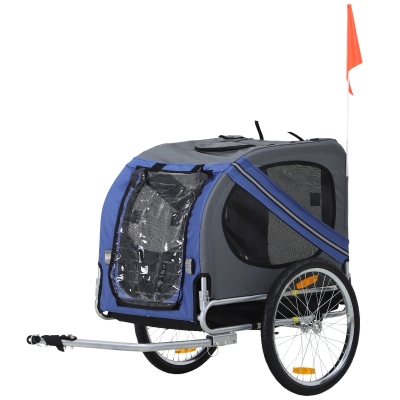 Pawhut Remorque vélo pour chien animaux pliable 8 réflecteurs drapeau barre attelage inclus acier polyester imperméable max. 40 Kg 130L x 73l x 90H cm bleu